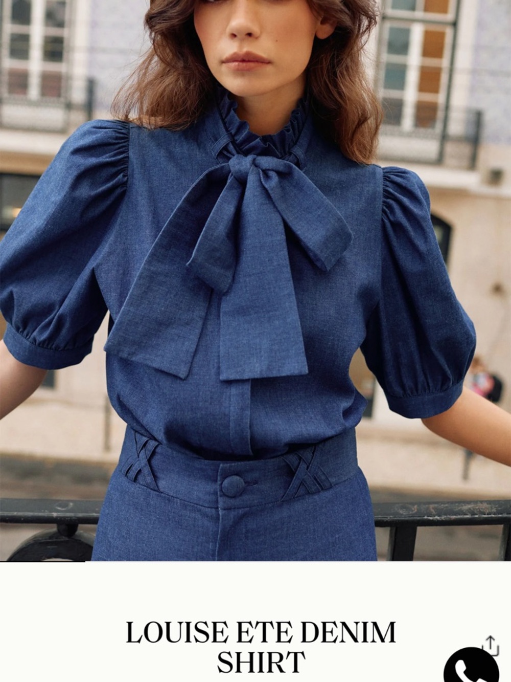 Denim Bow Tie Puff Sleeve Shirt - Blue